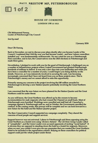 Paul Bristow MP letter to new Council Leader 